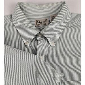 LL Bean Mens Large Green White Striped Seersucker Short Sleeve Button Down Shirt